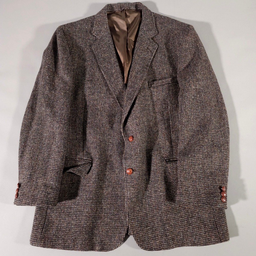 Harris Tweed Blazer Mens 44R Brown Pure Scottish Wool Handwoven Sports Coat